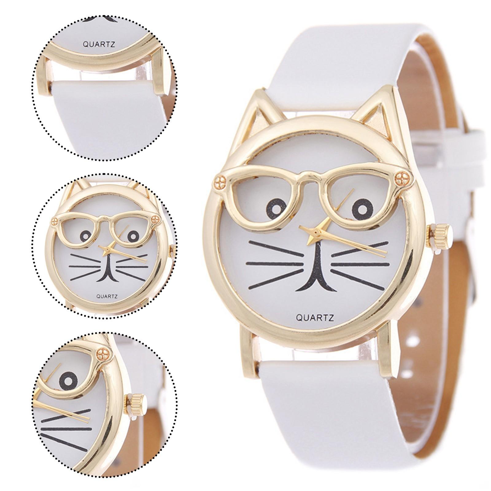 Damenuhr mit Brille, Katzen-Zifferblatt, Gürtel, Damen-Quarzuhr weiß von Joom DACH