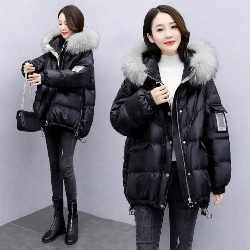 Daunenjacke Damen Mittellang Koreanische Version der Lockeren Steppjacke Jacke Steppjacke Großer Pelzkragen Winterkleidung M schwarz von Joom DACH