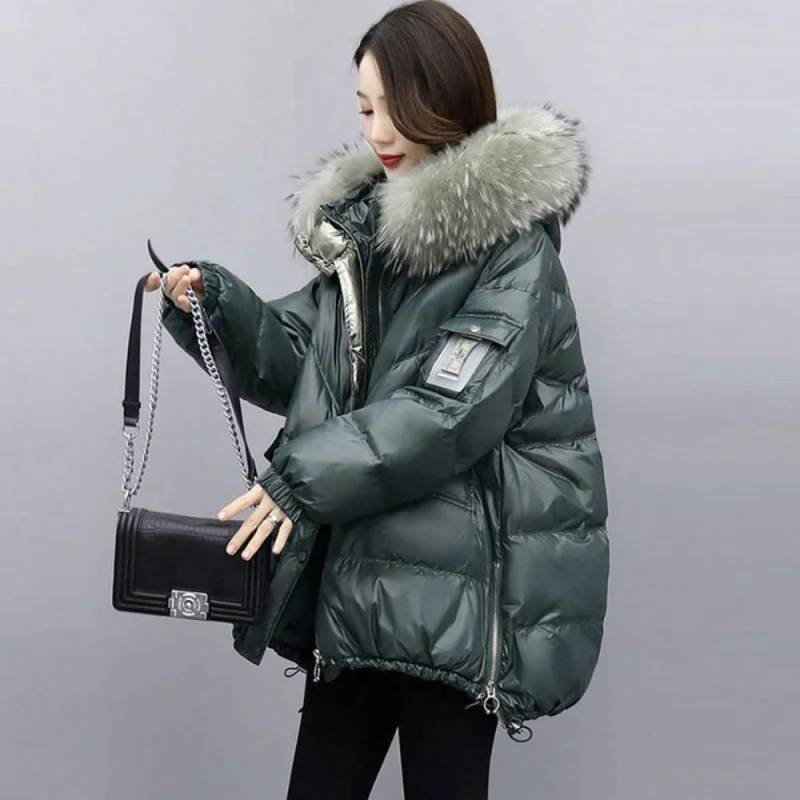Daunenjacke Damen Mittellang Koreanische Version der Lockeren Steppjacke Jacke Steppjacke Großer Pelzkragen Winterkleidung XL dunkelgrüne von Joom DACH