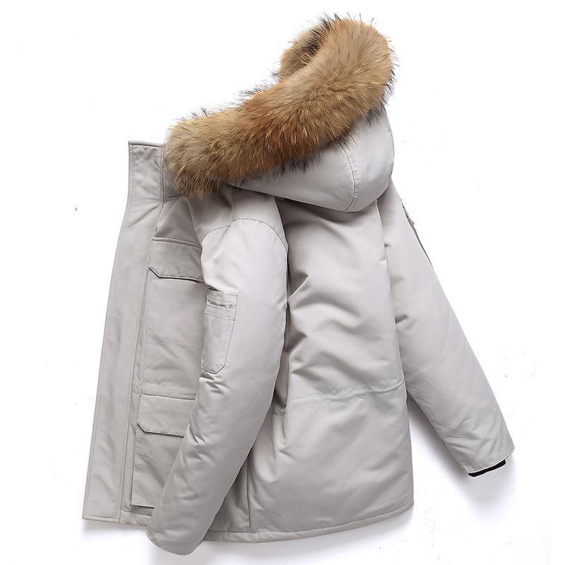 Daunenjacke Herren Winter Minimalistisch Einfarbig Pelzkragen Mit Kapuze Warm Parka Lässig Bequem Weiß Entendaunenmantel Männlich M grauweiß von Joom DACH