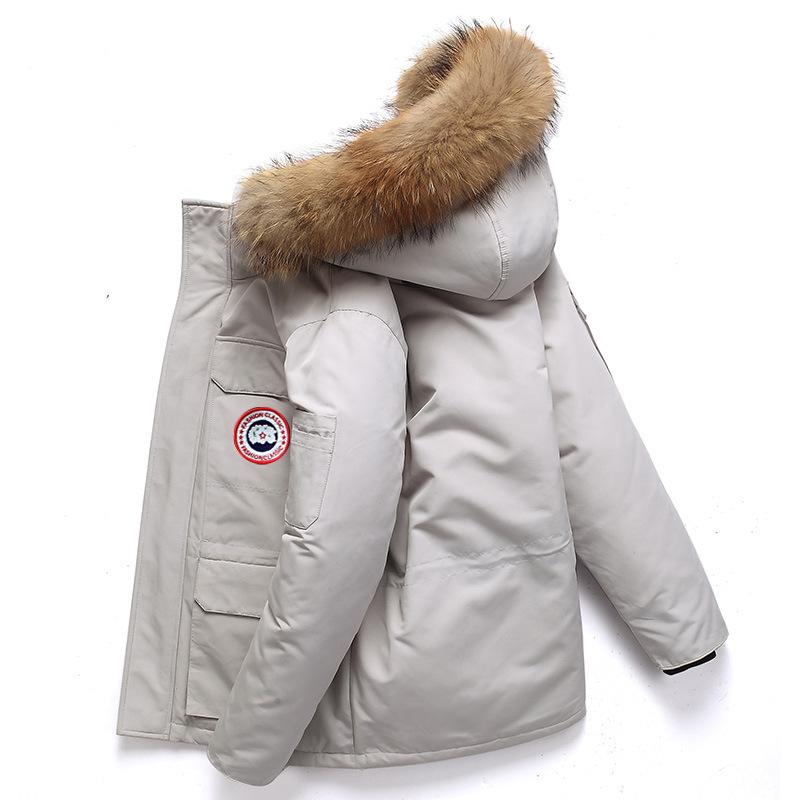 Daunenjacke Herren Winter Minimalistisch Einfarbig Pelzkragen Mit Kapuze Warm Parka Lässig Bequem Weiß Entendaunenmantel Männlich S grauweiß von Joom DACH