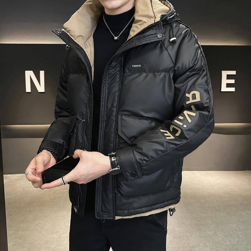 Daunenjacke Herren Wintermantel Neue verdickte Entendaunenjacke mit Kapuze Kurzer hübscher bedruckter Wintermantel XL von Joom DACH