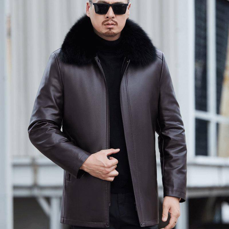Daunenjacke aus Schaffell für Herren, mittellang, Daddy-Stil, herausnehmbares Futter, lockere Jacke aus echtem Leder für Männer 2XL von Joom DACH