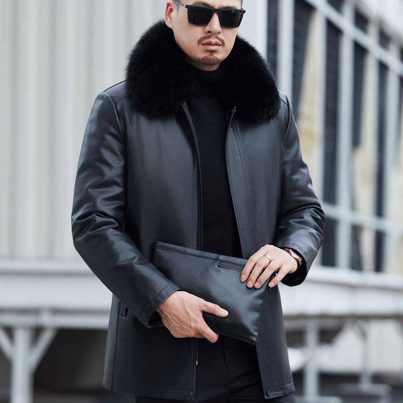 Daunenjacke aus Schaffell für Herren, mittellang, Daddy-Stil, herausnehmbares Futter, lockere Jacke aus echtem Leder für Männer 6XL von Joom DACH