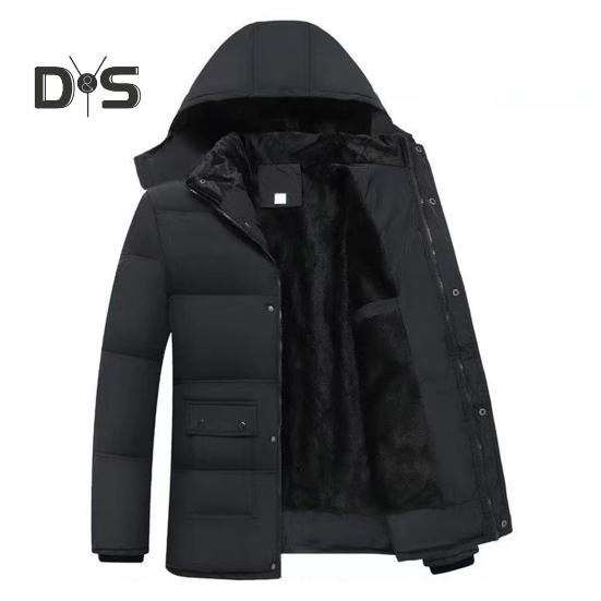 Daunenjacke für Herren, mit Kapuze, langen Ärmeln, Reißverschluss, Jacke mit Taschen, einfarbig, Plüschfutter, winddicht, verdickter Daunenmantel XXXL schwarz von Joom DACH
