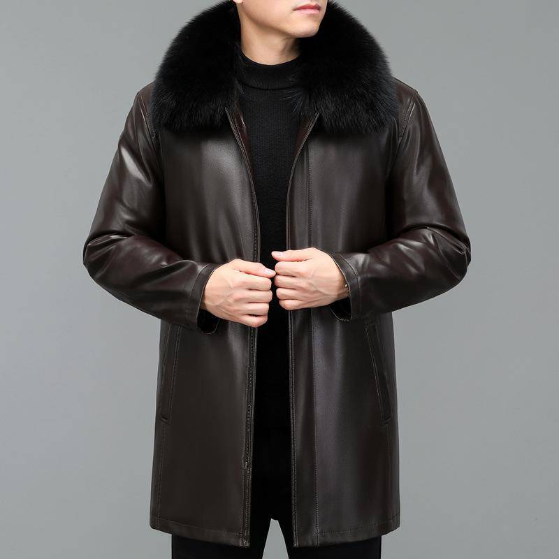 Daunenjacke für Männer mittleren Alters in Übergröße, echtes Leder, mittellang, herausnehmbares Futter, Daunenjacke, Jacke mit Fuchskragen 3XL von Joom DACH
