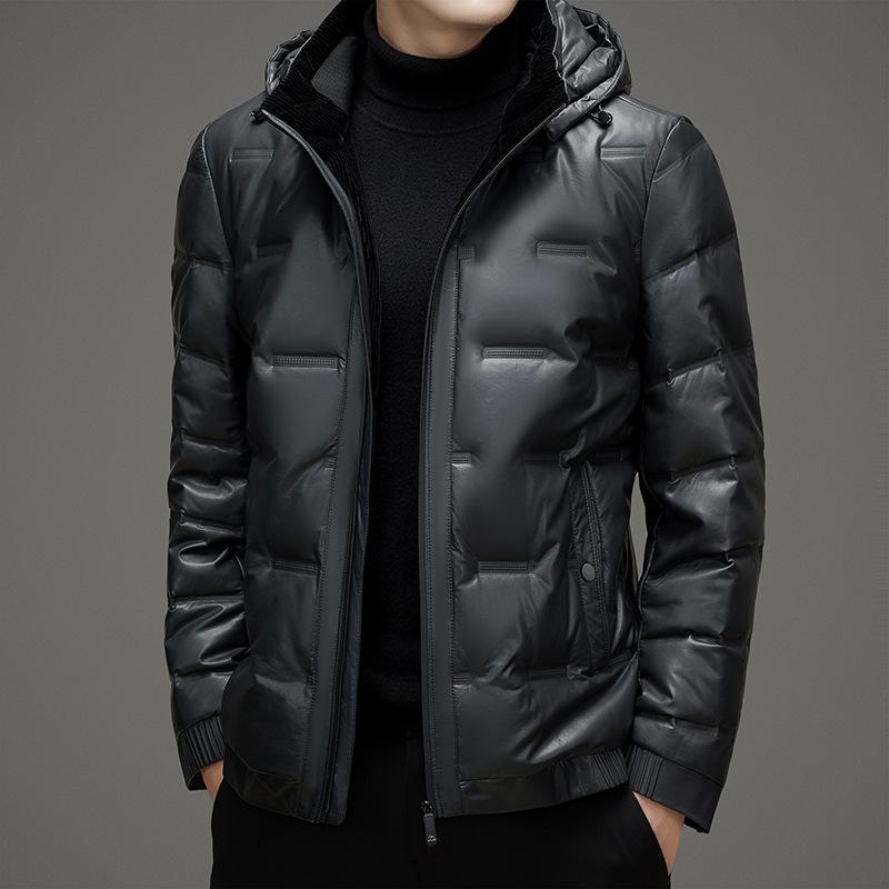 Daunenjacke mit Kapuze für Herren, Winter, neue Daunenjacke aus PU-Leder für Herren, Mantel, warme, verdickte Lederjacke, Ledermantel XL von Joom DACH