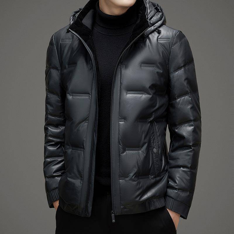 Daunenjacke mit Kapuze für Herren, Winter, neue Daunenjacke aus PU-Leder für Herren, Mantel, warme, verdickte Lederjacke, Ledermantel XL von Joom DACH