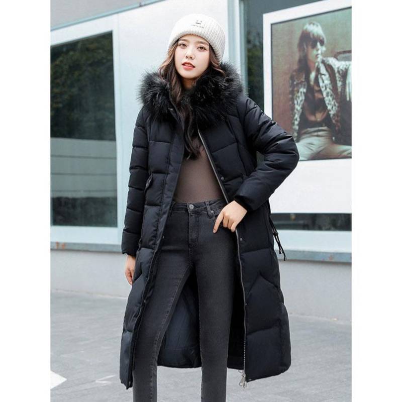 Daunenmantel aus Baumwolle für Damen, lang, Winter, Puffer-Parkas, verdicken, warm, mit Kapuze, Baumwolle, gefüttert, Reißverschluss, Mantel L schwarz von Joom DACH