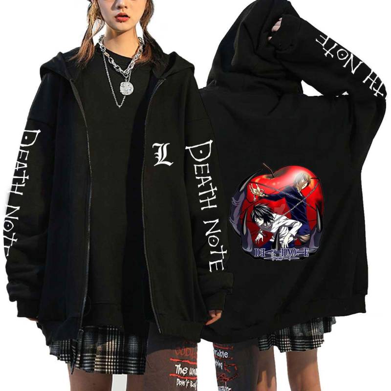 Death Note Harajuku Anime Reißverschluss Mäntel Hoodies Herren Jacken Lässige Lose Kapuze Reißverschluss Manga L Lawliet Print Tops Sweatshirt Unisex Paar Streetwear XXL schwarz von Joom DACH