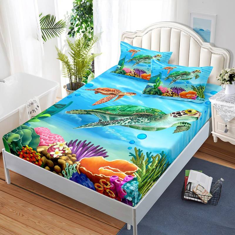 Delfin Schildkröte Spannbettlaken Matratzenschoner Blaues Meer Bettwäsche Elastische Bettlaken Kinderbettbezug Einzelbett Doppelbett Queen-Size King-Size 90x190x40cm 2pcs von Joom DACH