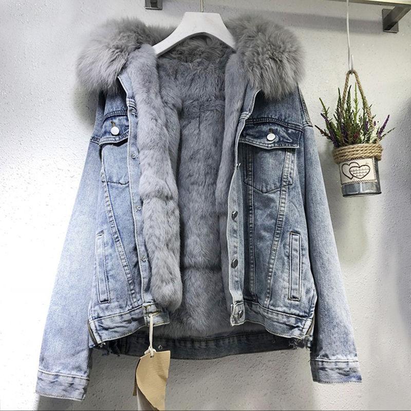 Denim Plus Fleecejacke für Damen, Winter, neuer koreanischer Stil, lockerer Pelzkragen, abnehmbarer, verdickter Kurzpelz für Damen XL blau von Joom DACH