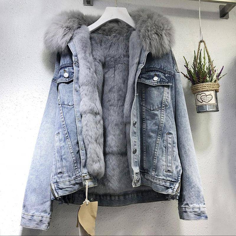 Denim Plus Fleecejacke für Damen, Winter, neuer koreanischer Stil, lockerer Pelzkragen, abnehmbarer, verdickter Kurzpelz für Damen XL blau von Joom DACH