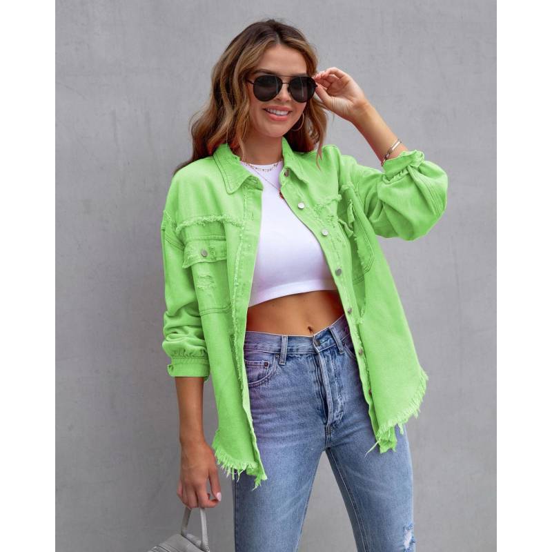 Der modische Außenhandelsstil mit rauen Kanten und Löchern. Jeansjacke für Damen, lässige Modejacke XXL hellgrüne von Joom DACH