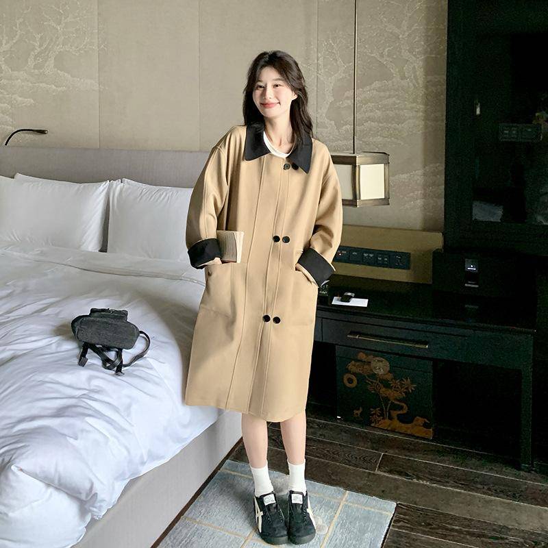 Design Nische Khaki Trenchcoat Damen Herbst Neu Locker Temperament Mittellang Kontrastierender Mantel XL von Joom DACH