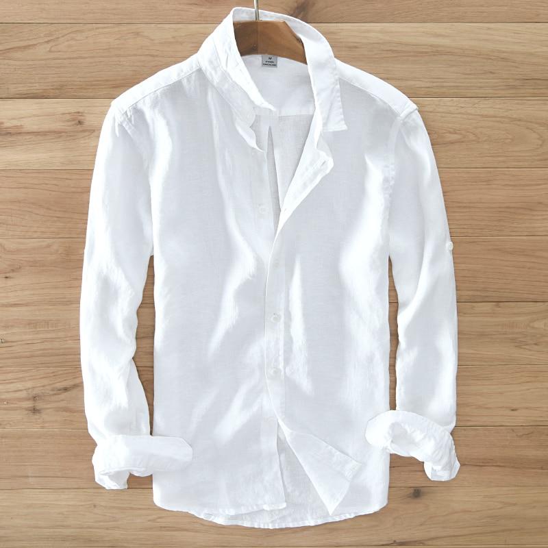 Designer Italien Stil 100 % Leinen Langarm-Shirt Männer Casual 5 Farben solide weiße Hemden für Männer Top Camisa Chemise M weiß von Joom DACH