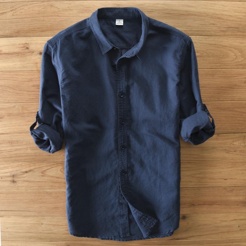 Designer Italien Stil 100 % Leinen Langarm-Shirt Männer Casual 5 Farben solide weiße Hemden für Männer Top Camisa Chemise M navy blau von Joom DACH