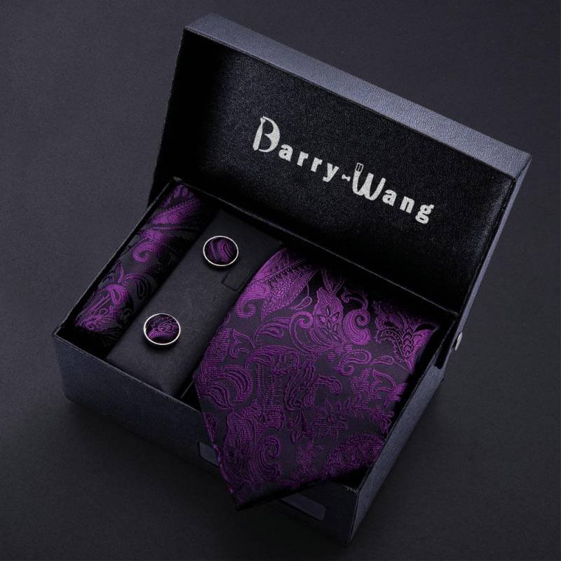 Designer-Paisley-Herren-Seidenkrawatte, Einstecktuch, Manschettenknöpfe mit Geschenkbox, gewebtes Blumen-Krawatten-Set N-5134 violett/schwarz von Joom DACH