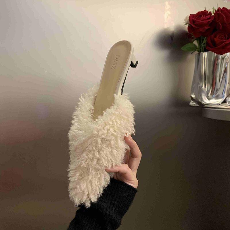 Designer Spitzschuh Damen Cord Pantoletten Hausschuhe Mode Flache Slipper Lässige Damen Slides Schuhe mit niedrigem Absatz 40 beige von Joom DACH