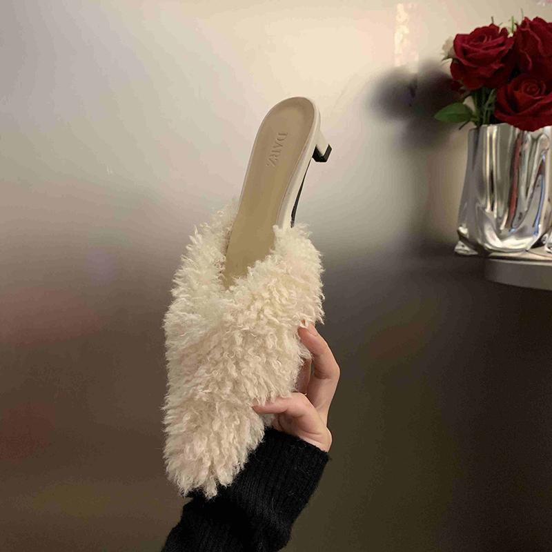 Designer Spitzschuh Damen Cord Pantoletten Hausschuhe Mode Flache Slipper Lässige Damen Slides Schuhe mit niedrigem Absatz 38 beige von Joom DACH