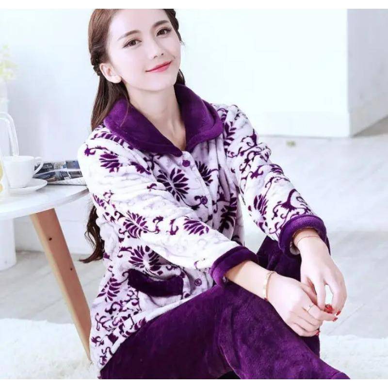 Dicke Herbst Winter Warme Flanell Frauen Pyjamas Sets Langarm Pijama Nachtwäsche Flanell Frauen Pyjamas Set Home Wear 2XL von Joom DACH