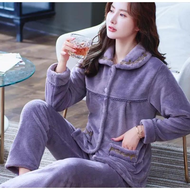 Dicke Herbst Winter Warme Flanell Frauen Pyjamas Sets Langarm Pijama Nachtwäsche Flanell Frauen Pyjamas Set Home Wear 2XL von Joom DACH