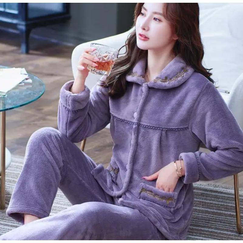 Dicke Herbst Winter Warme Flanell Frauen Pyjamas Sets Langarm Pijama Nachtwäsche Flanell Frauen Pyjamas Set Home Wear 2XL von Joom DACH