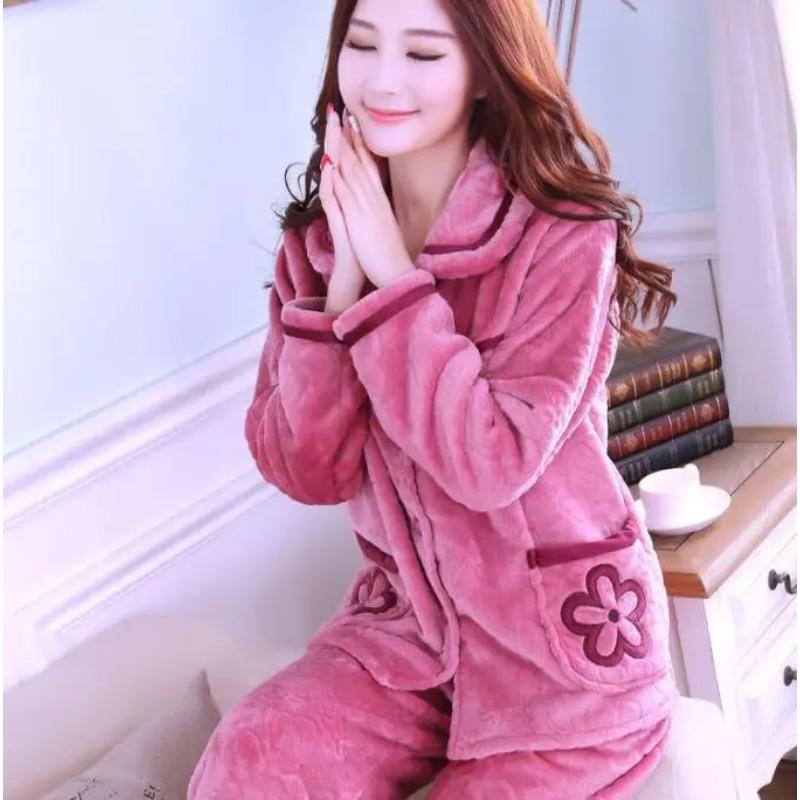 Dicke Herbst Winter Warme Flanell Frauen Pyjamas Sets Langarm Pijama Nachtwäsche Flanell Frauen Pyjamas Set Home Wear XL von Joom DACH