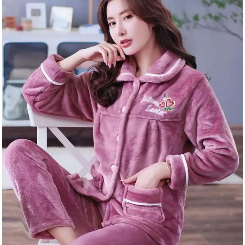Dicke Herbst Winter Warme Flanell Frauen Pyjamas Sets Langarm Pijama Nachtwäsche Flanell Frauen Pyjamas Set Home Wear XL von Joom DACH