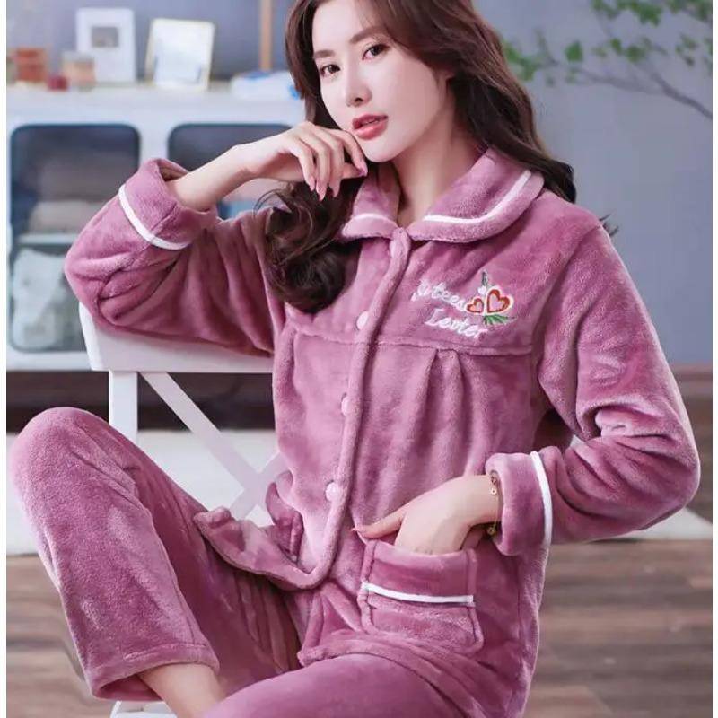 Dicke Herbst Winter Warme Flanell Frauen Pyjamas Sets Langarm Pijama Nachtwäsche Flanell Frauen Pyjamas Set Home Wear XL von Joom DACH