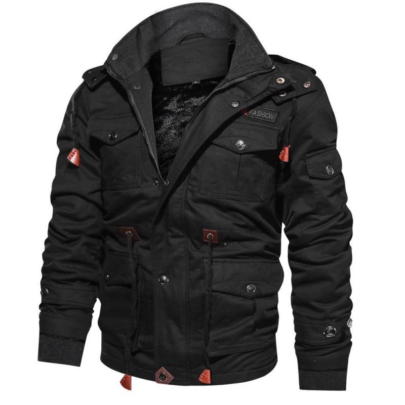Dicke Thermo-Winterjacke für Herren mit mehreren Taschen, Reißverschluss vorne, mit Fleece gefüttert, Militärjacke für Herren, modisch, lässig, warm, Windjacke 2XL schwarz von Joom DACH