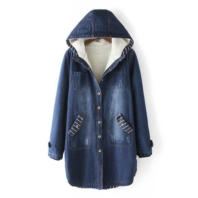Dicke wattierte Jeansjacke für Damen in Übergröße für Herbst und Winter, mittellange wattierte Jeansjacke aus Samt mit Kapuze XL blau von Joom DACH