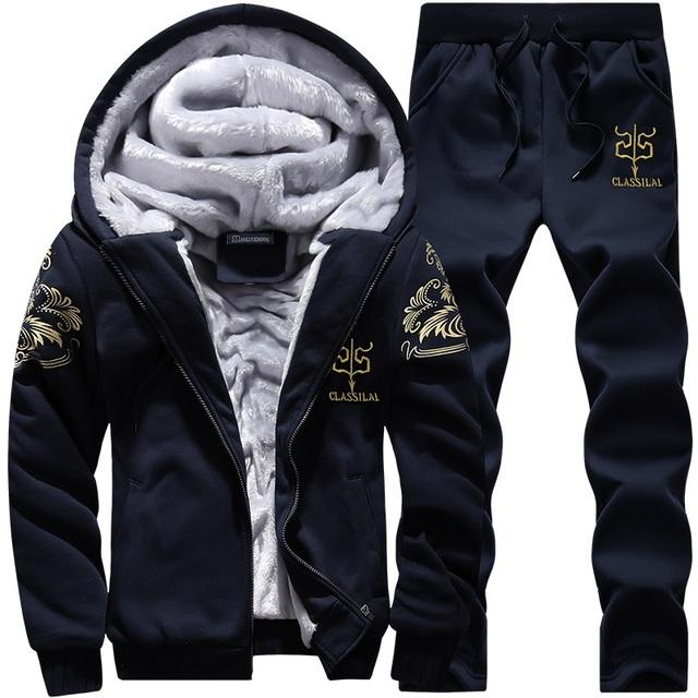 Dicken Trainingsanzug Männer Herbst Winter Warme Casual männer Set Druck Mit Kapuze Jacke + Jogginghose 2 Stück Sets Streetwear XXL blau von Joom DACH