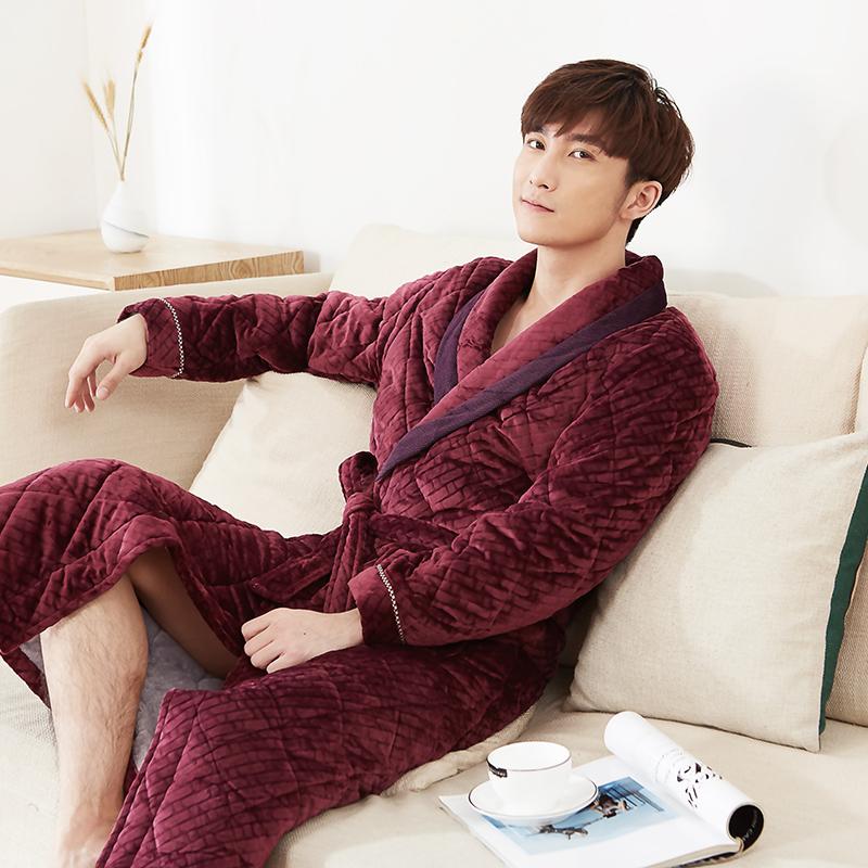 Dicker, 3-lagiger, warmer Winterbademantel für Herren, weicher, gesteppter Flanell-Kimono-Bademantel für Herren, Morgenmantel aus Korallenvlies 3XL von Joom DACH
