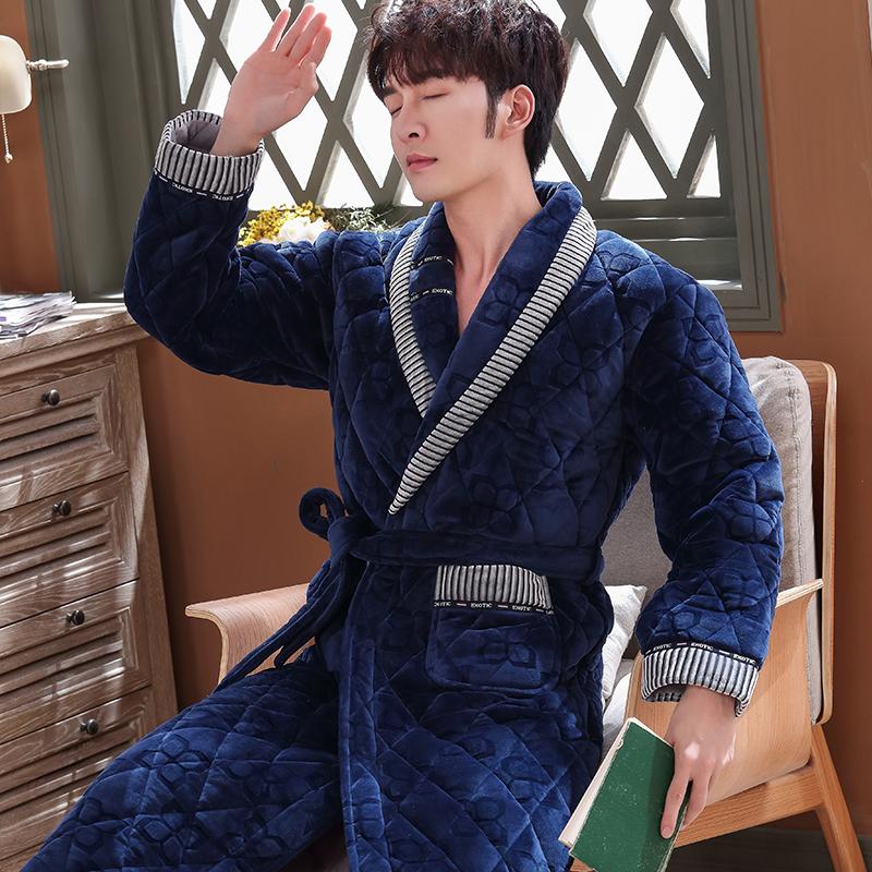 Dicker, 3-lagiger, warmer Winterbademantel für Herren, weicher, gesteppter Flanell-Kimono-Bademantel für Herren, Morgenmantel aus Korallenvlies 3XL von Joom DACH