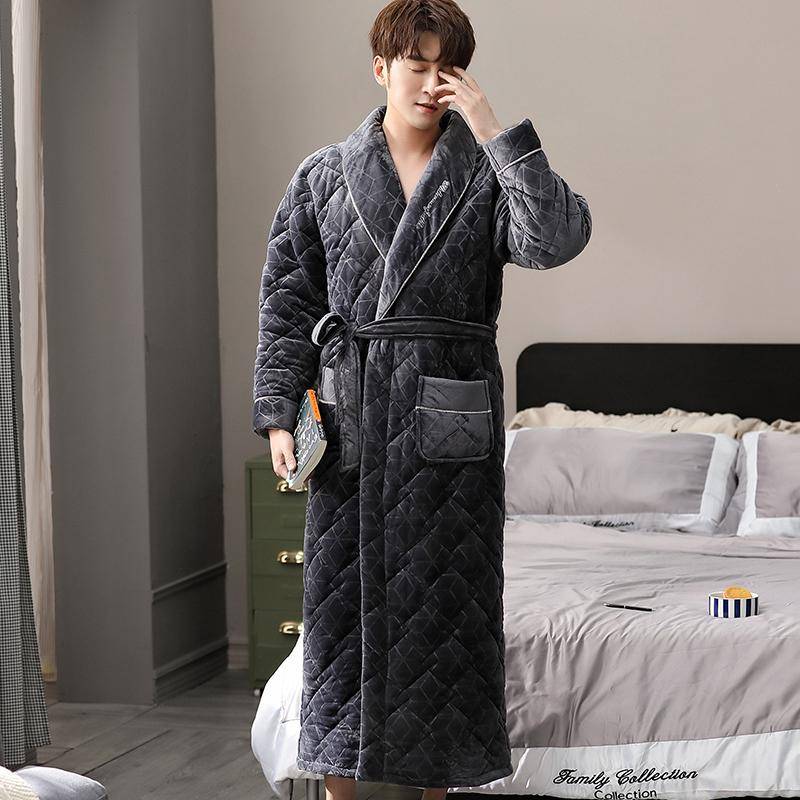 Dicker, 3-lagiger, warmer Winterbademantel für Herren, weicher, gesteppter Flanell-Kimono-Bademantel für Herren, Morgenmantel aus Korallenvlies 3XL von Joom DACH