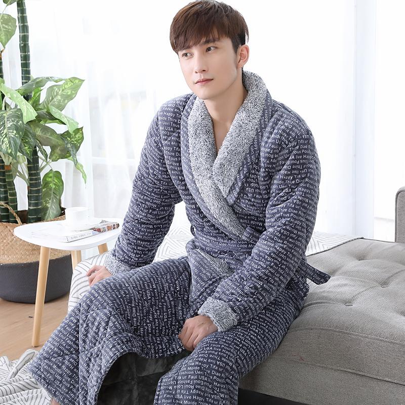 Dicker, 3-lagiger, warmer Winterbademantel für Herren, weicher, gesteppter Flanell-Kimono-Bademantel für Herren, Morgenmantel aus Korallenvlies L von Joom DACH