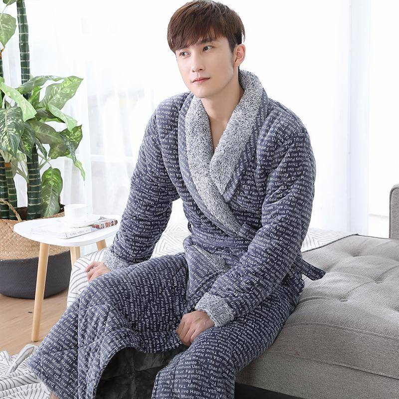 Dicker, 3-lagiger, warmer Winterbademantel für Herren, weicher, gesteppter Flanell-Kimono-Bademantel für Herren, Morgenmantel aus Korallenvlies L von Joom DACH