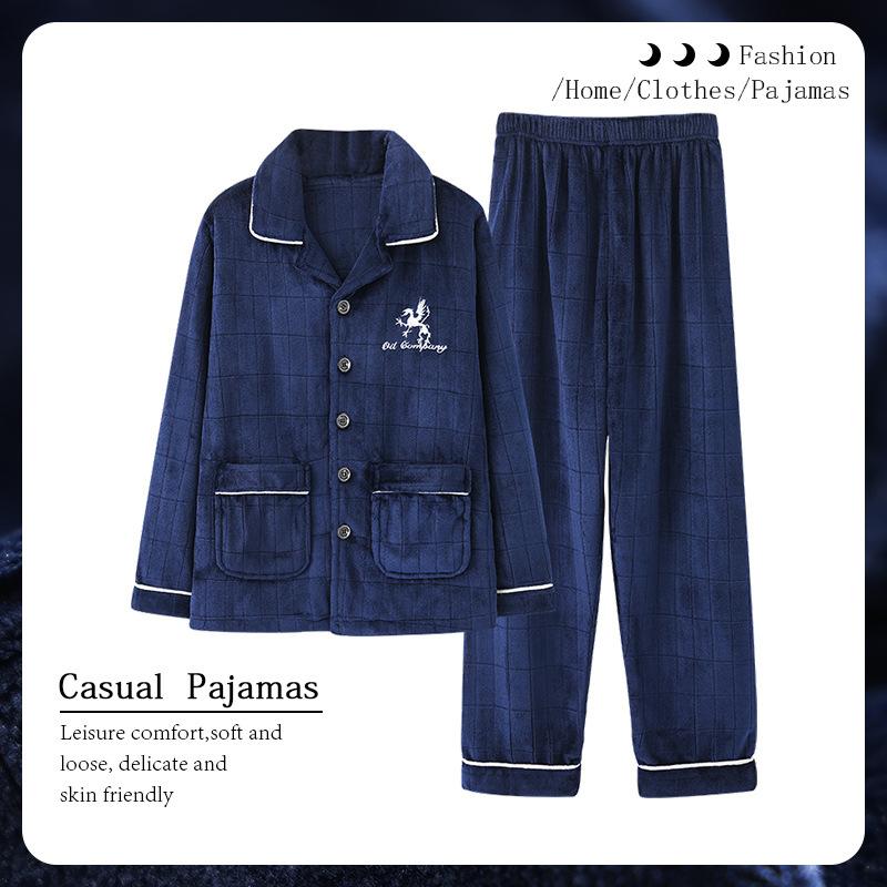 Dicker, warmer Kaschmir-Schlafanzug für Herren im Herbst und Winter für junge und mittlere Altersgruppen, langärmeliges großes Korallensamt-Set L navy blau von Joom DACH