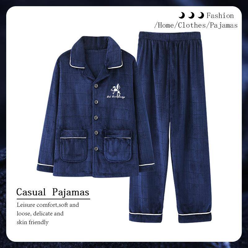 Dicker, warmer Kaschmir-Schlafanzug für Herren im Herbst und Winter für junge und mittlere Altersgruppen, langärmeliges großes Korallensamt-Set L navy blau von Joom DACH