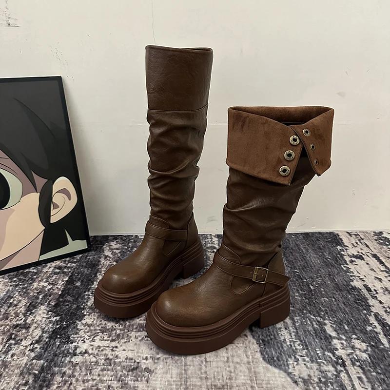 Dicker Absatz Damen Kniehohe Stiefel Mode Slipper Herbst Winter Damen Prägnante Ritter Lange Damenstiefel 35 braun von Joom DACH
