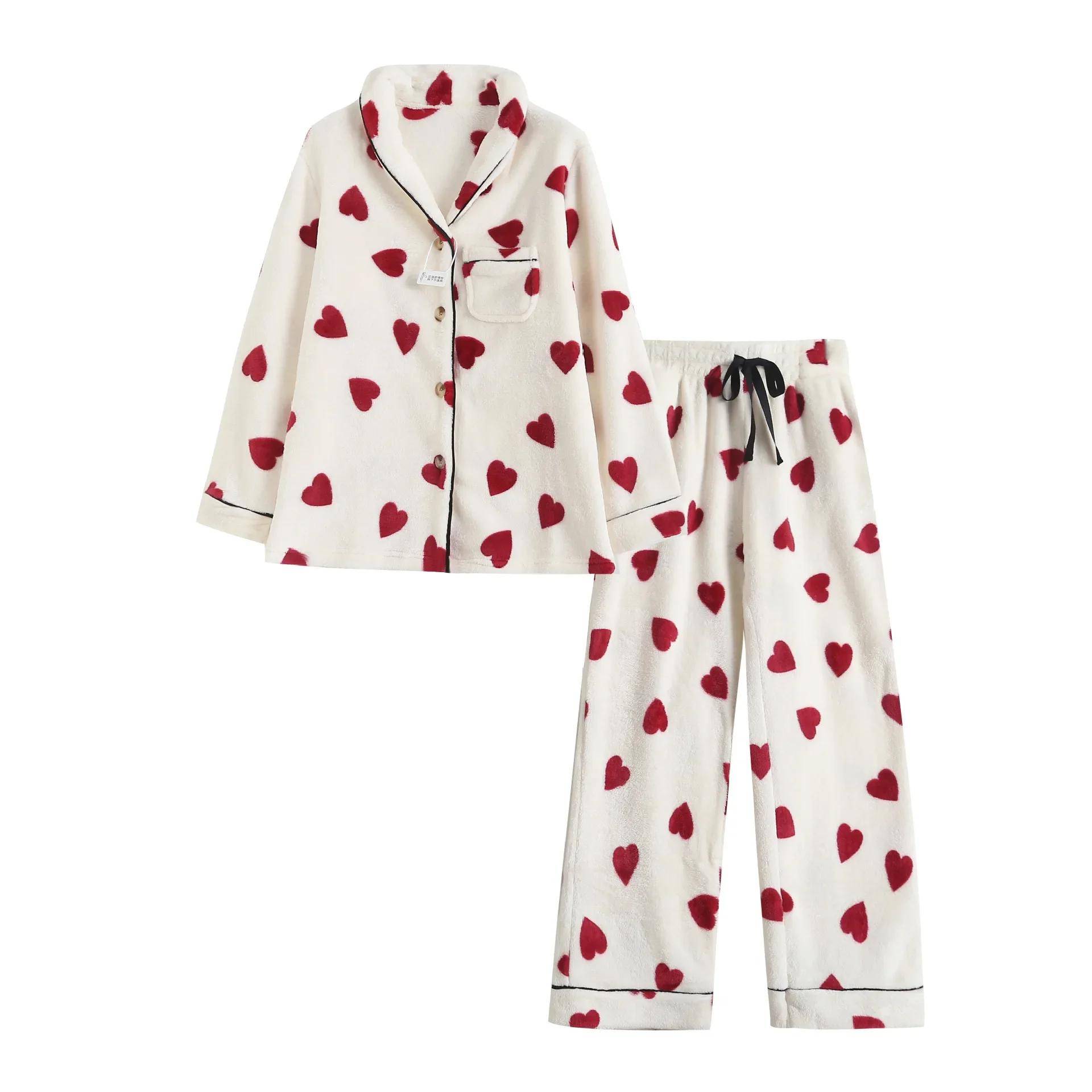 Dicker Pyjama für Herbst und Winter, 2-teiliges Set für Damen, Herzform, weicher Flanell, Homewear mit Knopfleiste, Langarm, Pyjama, Homewear S von Joom DACH
