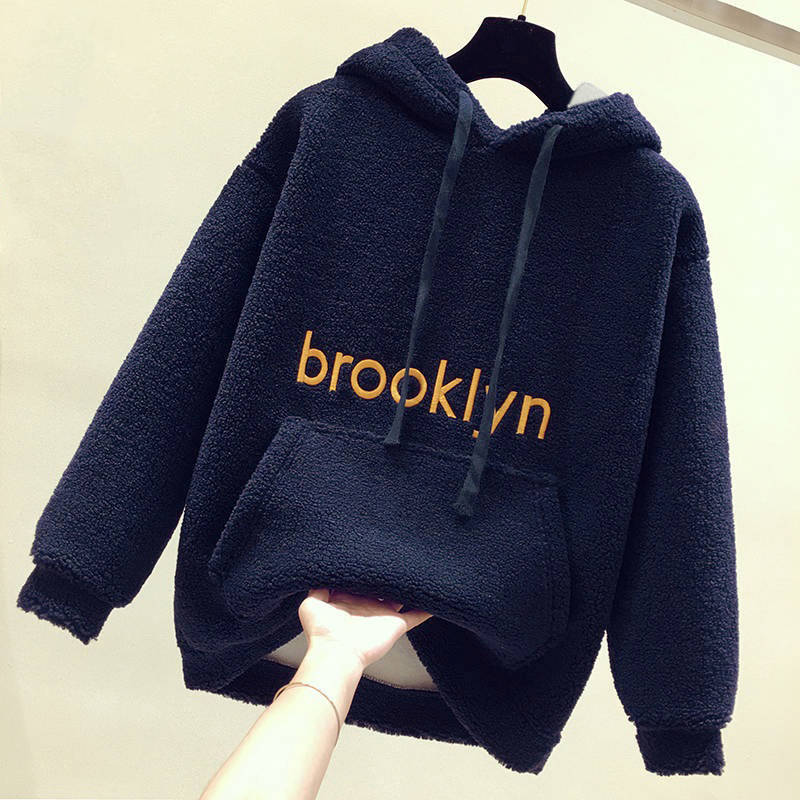 Dickes Sweatshirt für Damen, modisch, lockerer Fleece-Oberteil, Tasche, lässiger Pullover L navy blau von Joom DACH