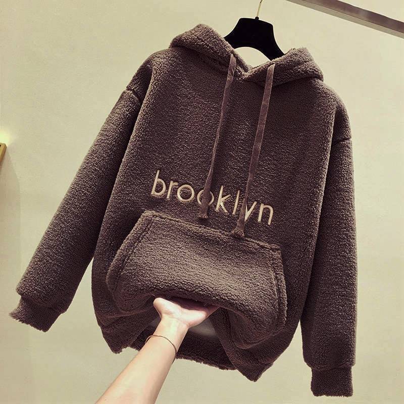 Dickes Sweatshirt für Damen, modisch, lockerer Fleece-Oberteil, Tasche, lässiger Pullover XL kaffeebraun von Joom DACH
