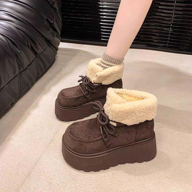 Dicksöhlige Schneestiefel Damen 2024 neu Winter gefüttert verdickt rutschfest warm Nordost flauschig große Baumwollschuhe kurze Stiefel 40 dunkelbraune von Joom DACH