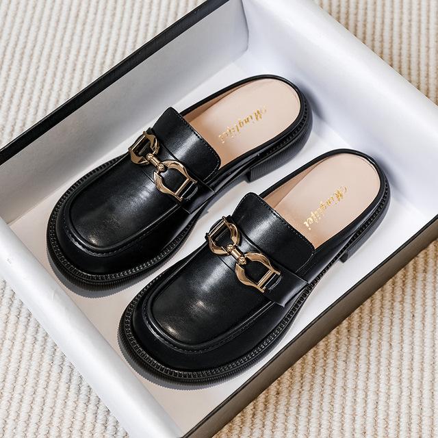 Die neuen Sommer-Slipper mit niedrigem Absatz und halber Zehe, von Fashion House entworfen, lässige schwarze Muller-Lederschuhe für Damen mit rundem Kopf 43 schwarz von Joom DACH