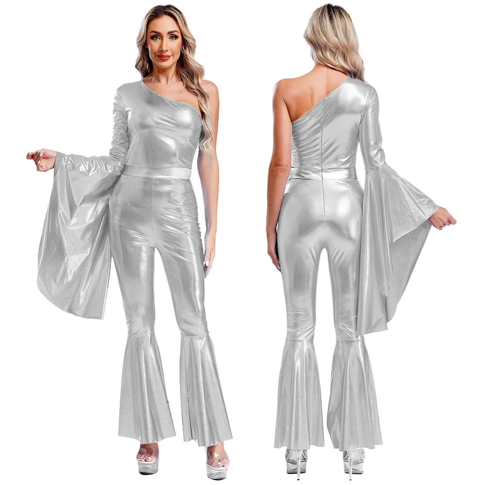 Disco-Kostüm, Verkleidung für Damen, glänzend, 70er-Jahre-Jumpsuit, einzelner Langarm-Body, Hippie-Strampler 3XL silber von Joom DACH