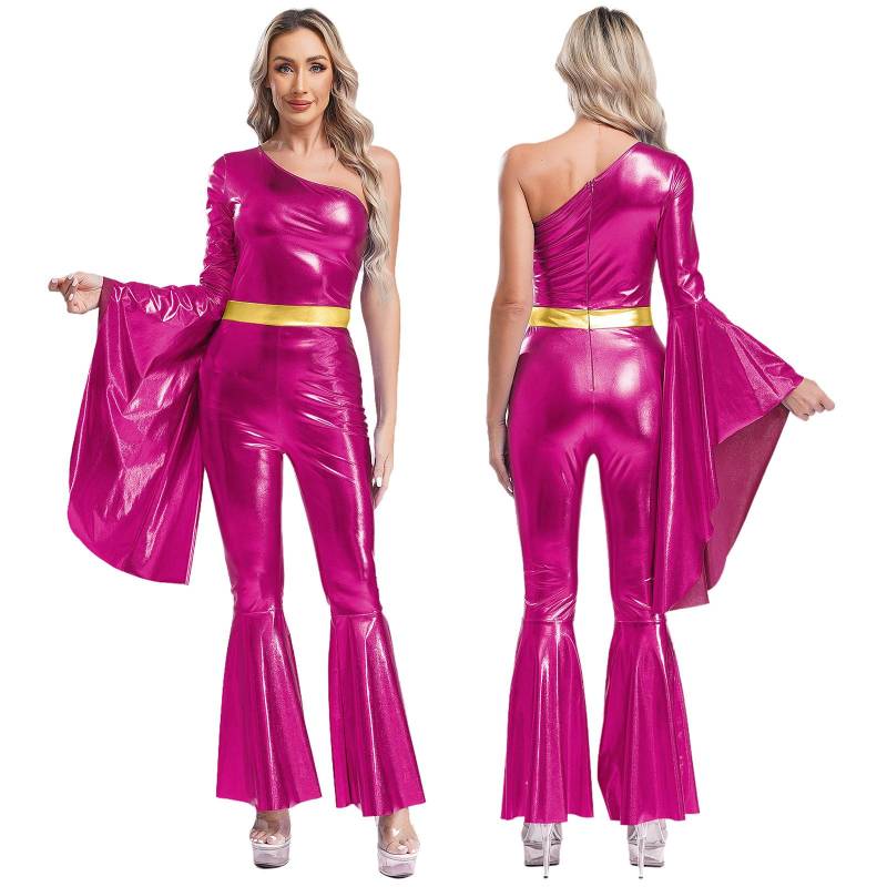 Disco-Kostüm, Verkleidung für Damen, glänzend, 70er-Jahre-Jumpsuit, einzelner Langarm-Body, Hippie-Strampler L heißes rosa von Joom DACH