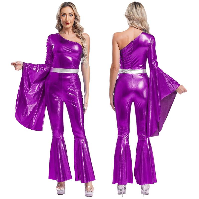 Disco-Kostüm, Verkleidung für Damen, glänzend, 70er-Jahre-Jumpsuit, einzelner Langarm-Body, Hippie-Strampler L violett von Joom DACH