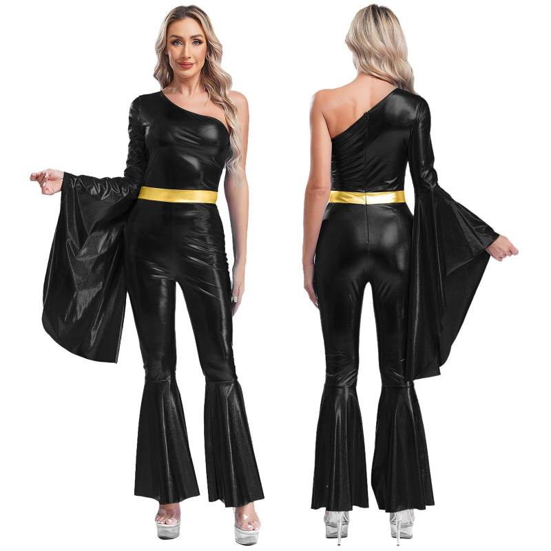 Disco-Kostüm, Verkleidung für Damen, glänzend, 70er-Jahre-Jumpsuit, einzelner Langarm-Body, Hippie-Strampler XL schwarz von Joom DACH